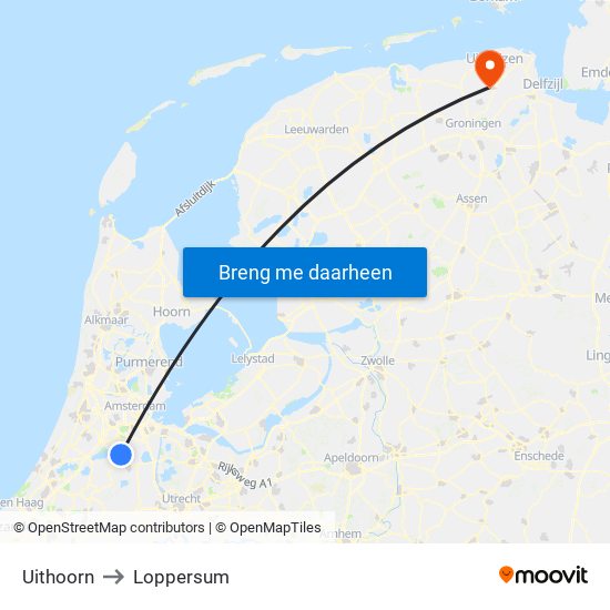 Uithoorn to Loppersum map