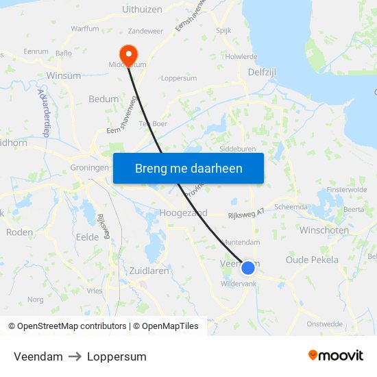 Veendam to Loppersum map