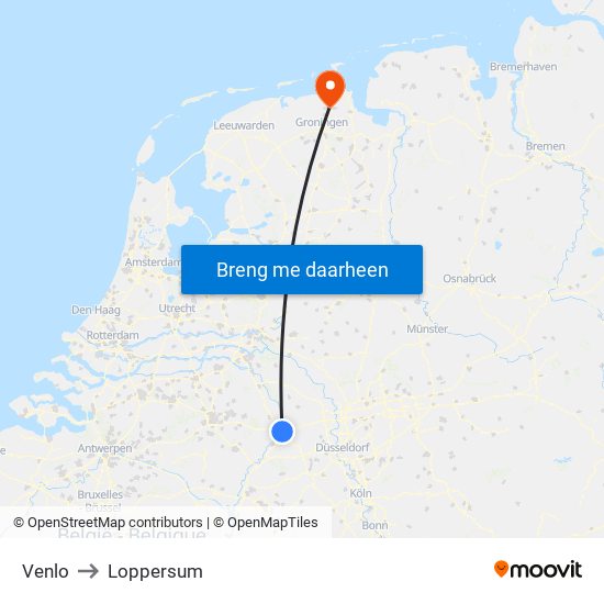 Venlo to Loppersum map