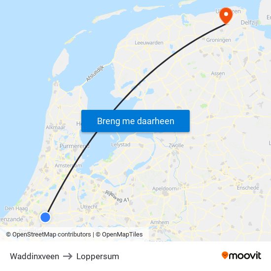 Waddinxveen to Loppersum map