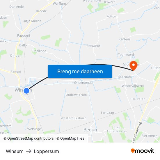 Winsum to Loppersum map