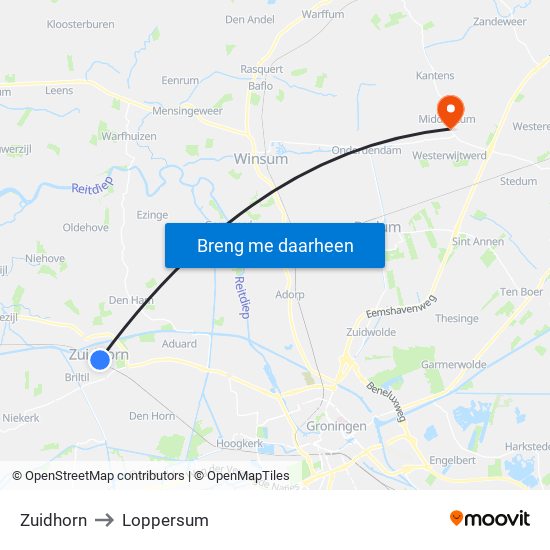 Zuidhorn to Loppersum map