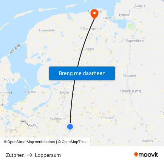 Zutphen to Loppersum map