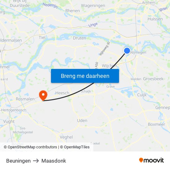 Beuningen to Maasdonk map