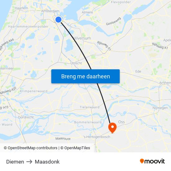 Diemen to Maasdonk map