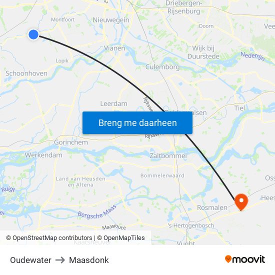 Oudewater to Maasdonk map