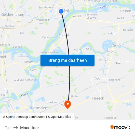 Tiel to Maasdonk map