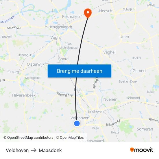 Veldhoven to Maasdonk map