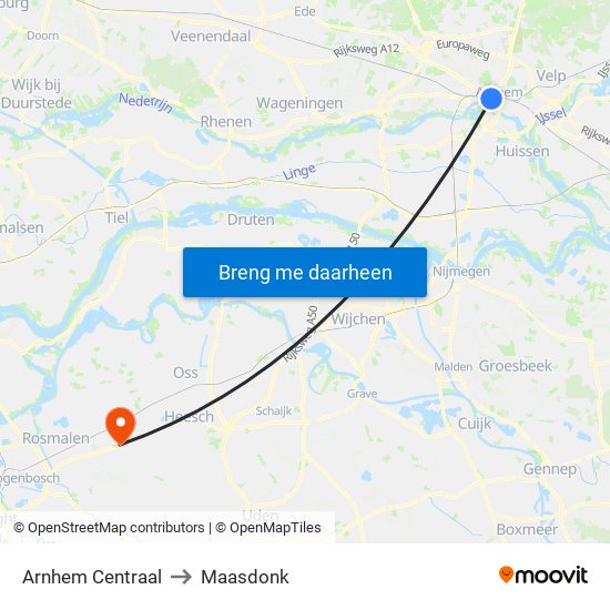 Arnhem Centraal to Maasdonk map