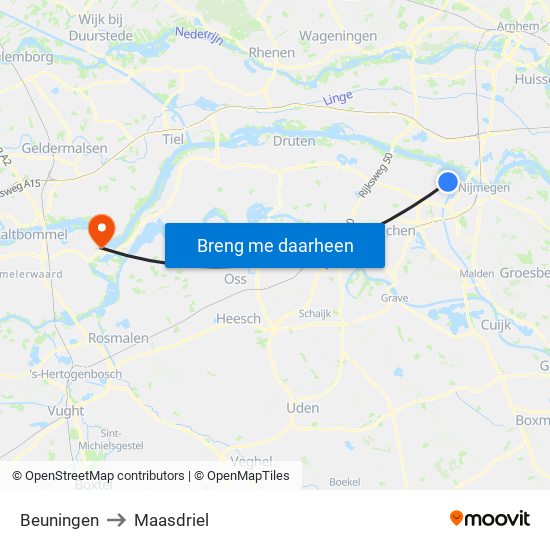 Beuningen to Maasdriel map