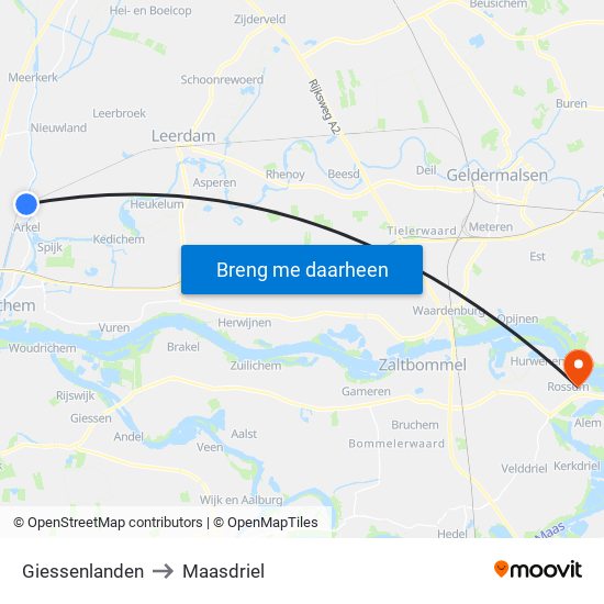 Giessenlanden to Maasdriel map
