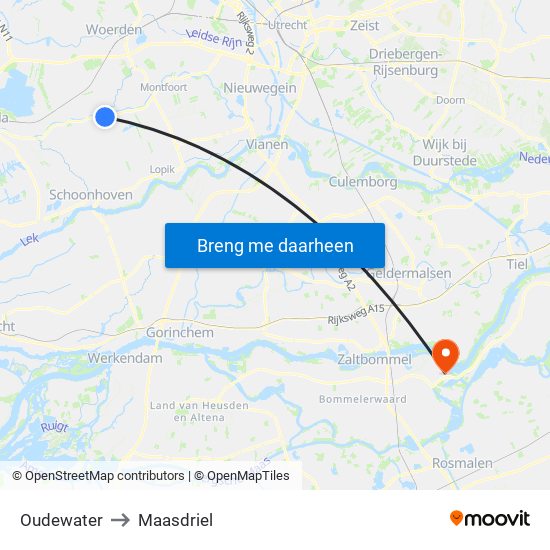 Oudewater to Maasdriel map