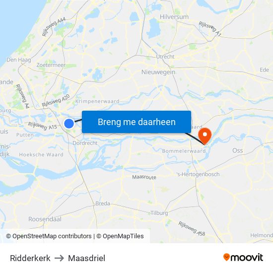Ridderkerk to Maasdriel map