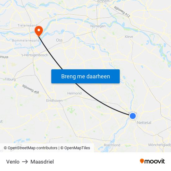 Venlo to Maasdriel map
