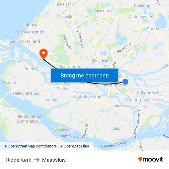 Ridderkerk to Maassluis map