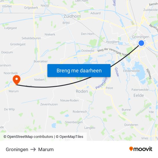 Groningen to Marum map
