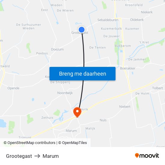 Grootegast to Marum map