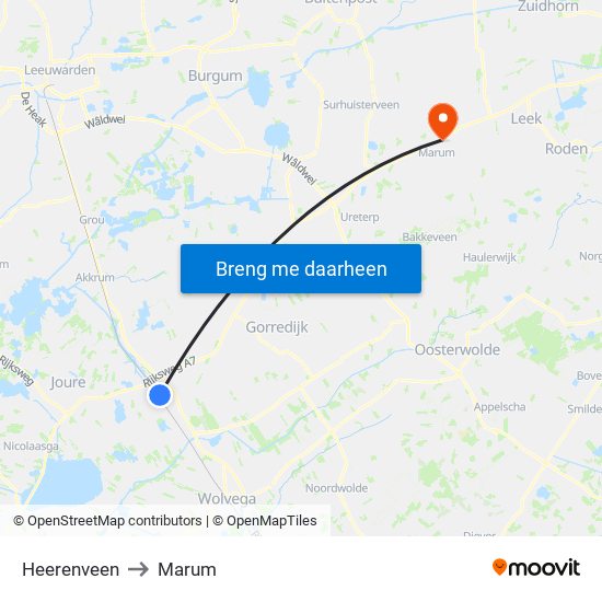Heerenveen to Marum map