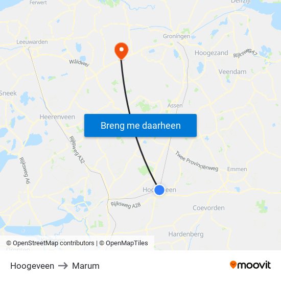 Hoogeveen to Marum map