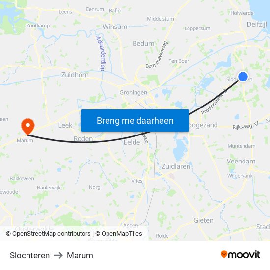 Slochteren to Marum map