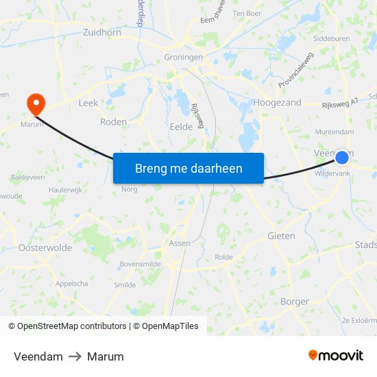 Veendam to Marum map