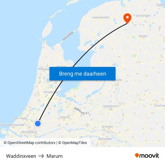 Waddinxveen to Marum map