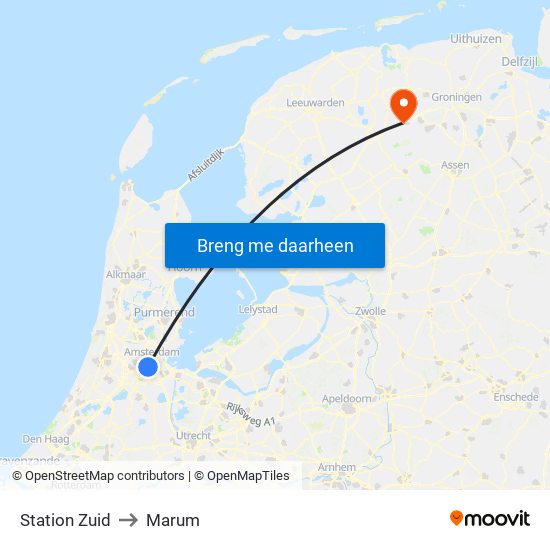 Station Zuid to Marum map