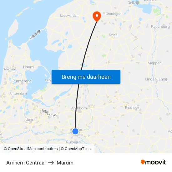 Arnhem Centraal to Marum map