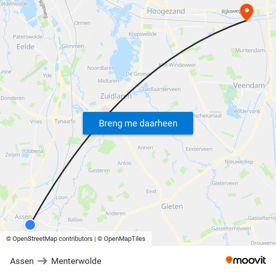 Assen to Menterwolde map