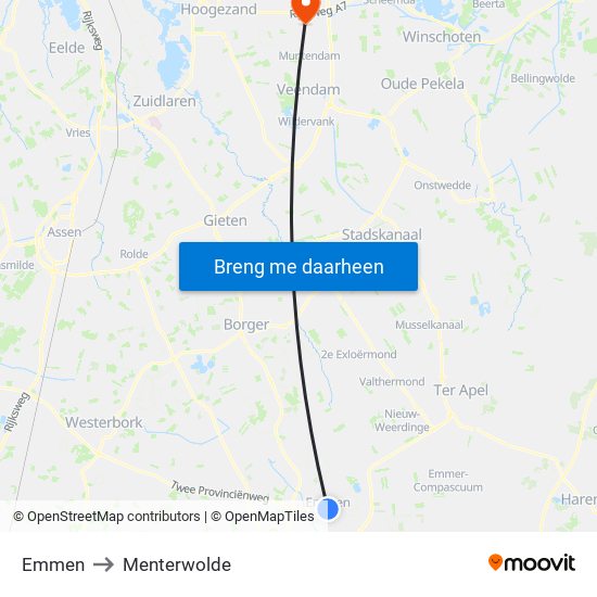 Emmen to Menterwolde map
