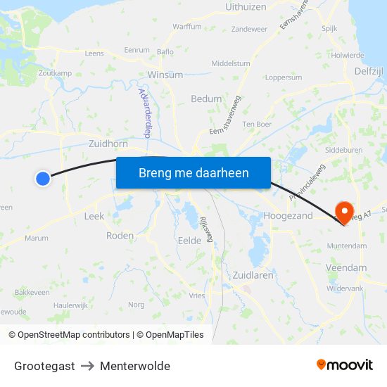 Grootegast to Menterwolde map