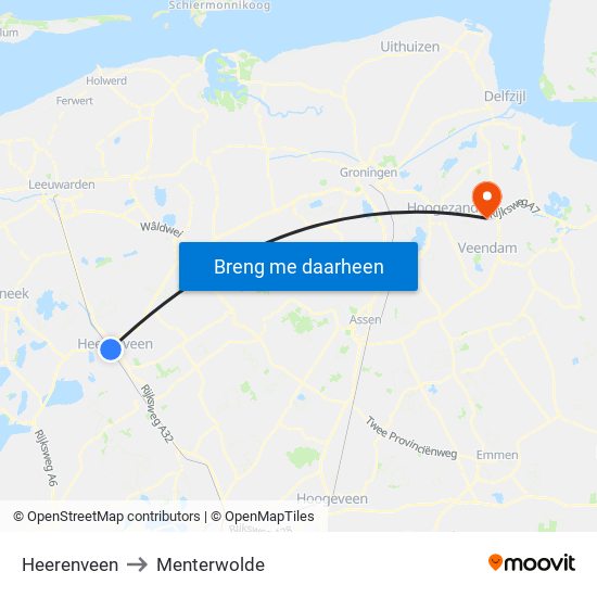 Heerenveen to Menterwolde map