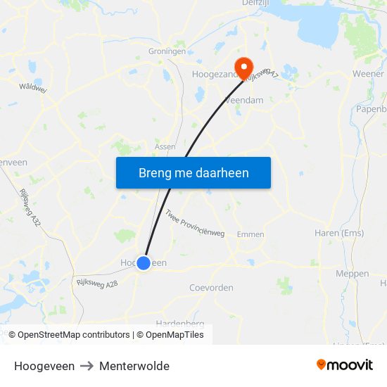 Hoogeveen to Menterwolde map