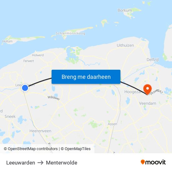 Leeuwarden to Menterwolde map