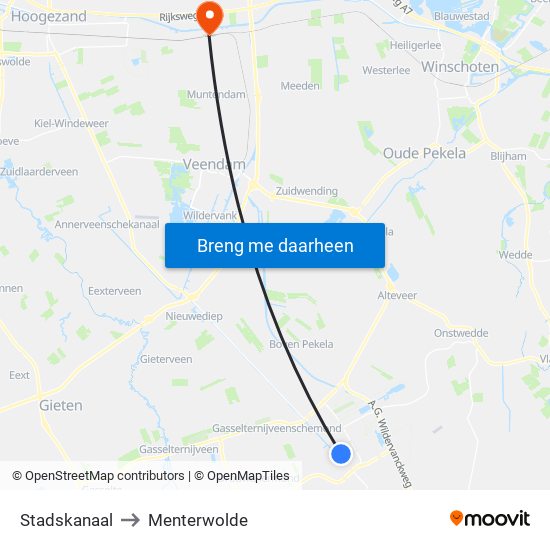 Stadskanaal to Menterwolde map