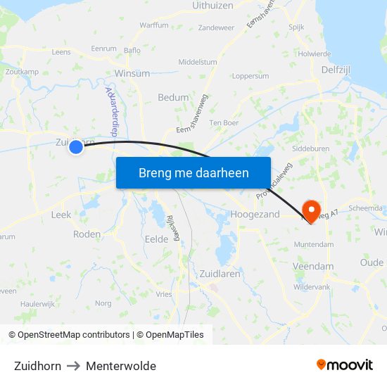 Zuidhorn to Menterwolde map