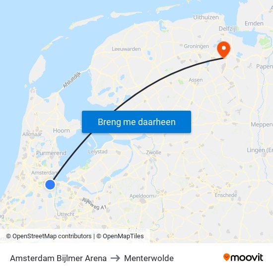 Amsterdam Bijlmer Arena to Menterwolde map