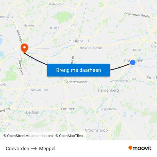 Coevorden to Meppel map