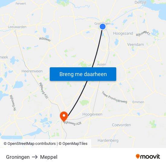 Groningen to Meppel map