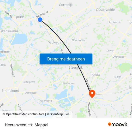 Heerenveen to Meppel map