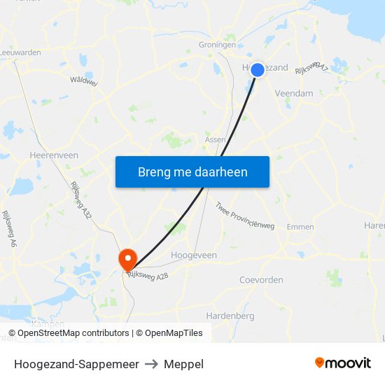 Hoogezand-Sappemeer to Meppel map