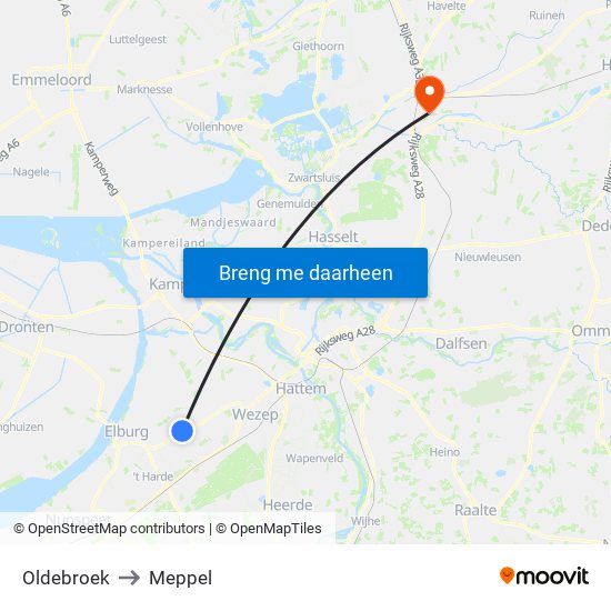 Oldebroek to Meppel map