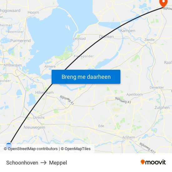 Schoonhoven to Meppel map