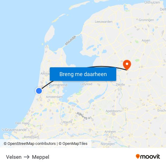 Velsen to Meppel map