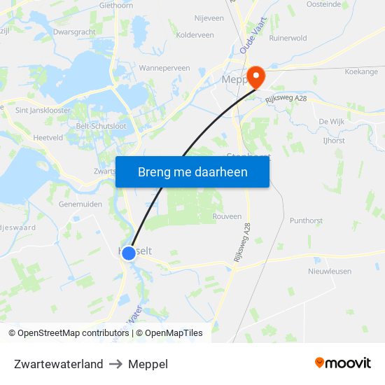 Zwartewaterland to Meppel map