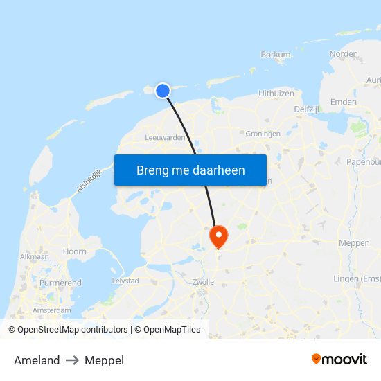 Ameland to Meppel map