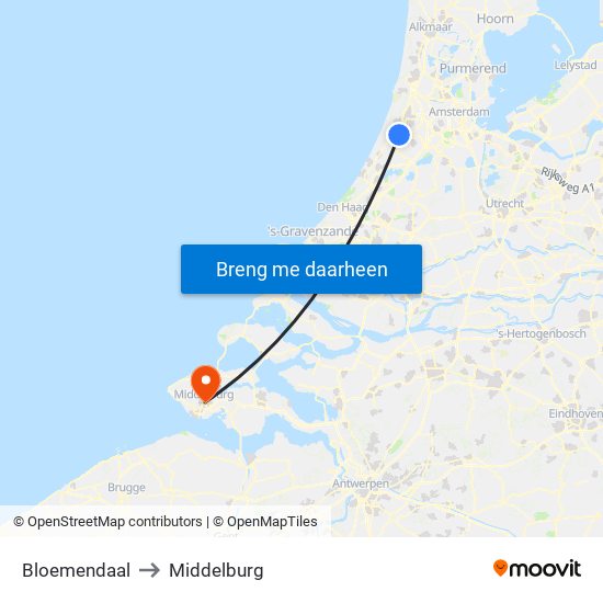 Bloemendaal to Middelburg map