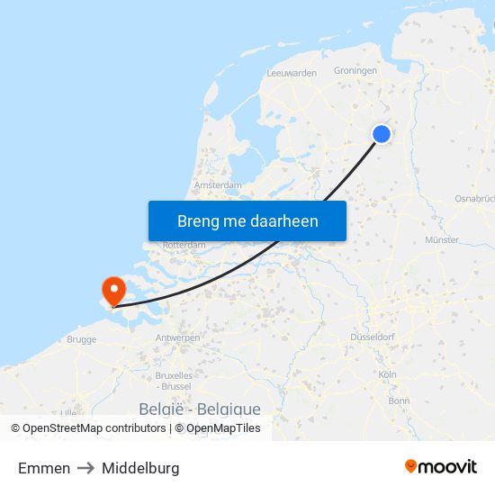 Emmen to Middelburg map