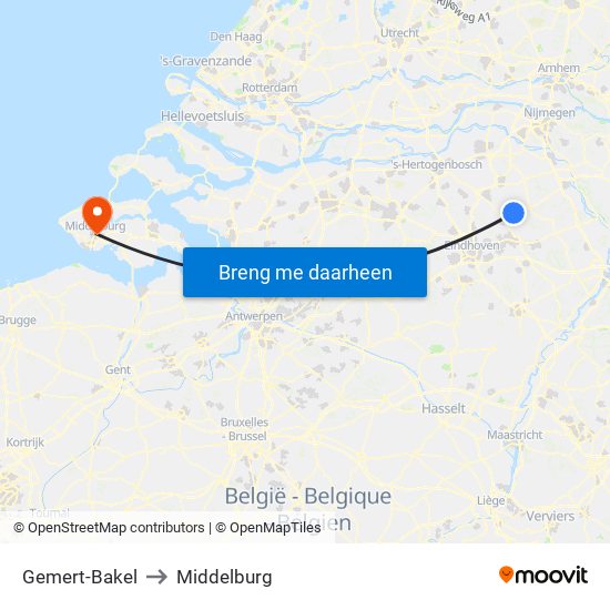 Gemert-Bakel to Middelburg map