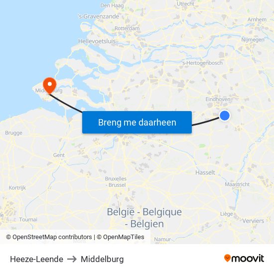 Heeze-Leende to Middelburg map